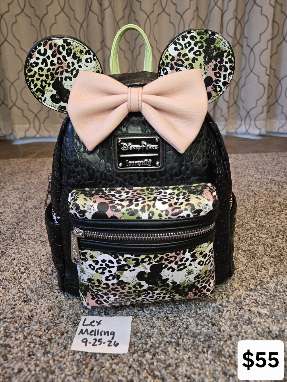 Loungefly Black Mini Backpack with Pink Bow & Multicolor Leopard Ears